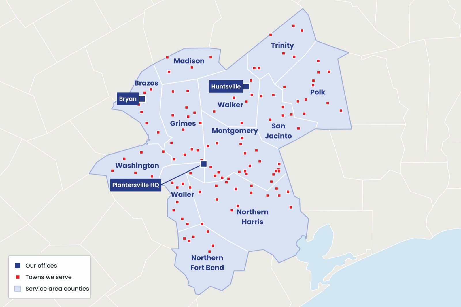 Map of the Texas Star Propane service area across 12 East Texas counties, with branches marked at Plantersville, Huntsville and Bryan.